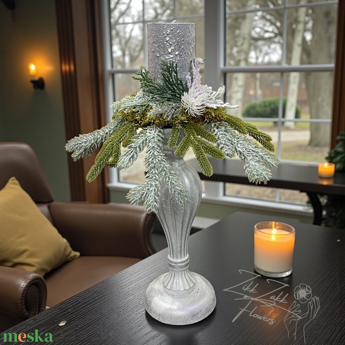 Ezüst talpas gyertyatartó kompozíció (magas) - karácsony - adventi díszek - adventi asztaldísz - Meska.hu