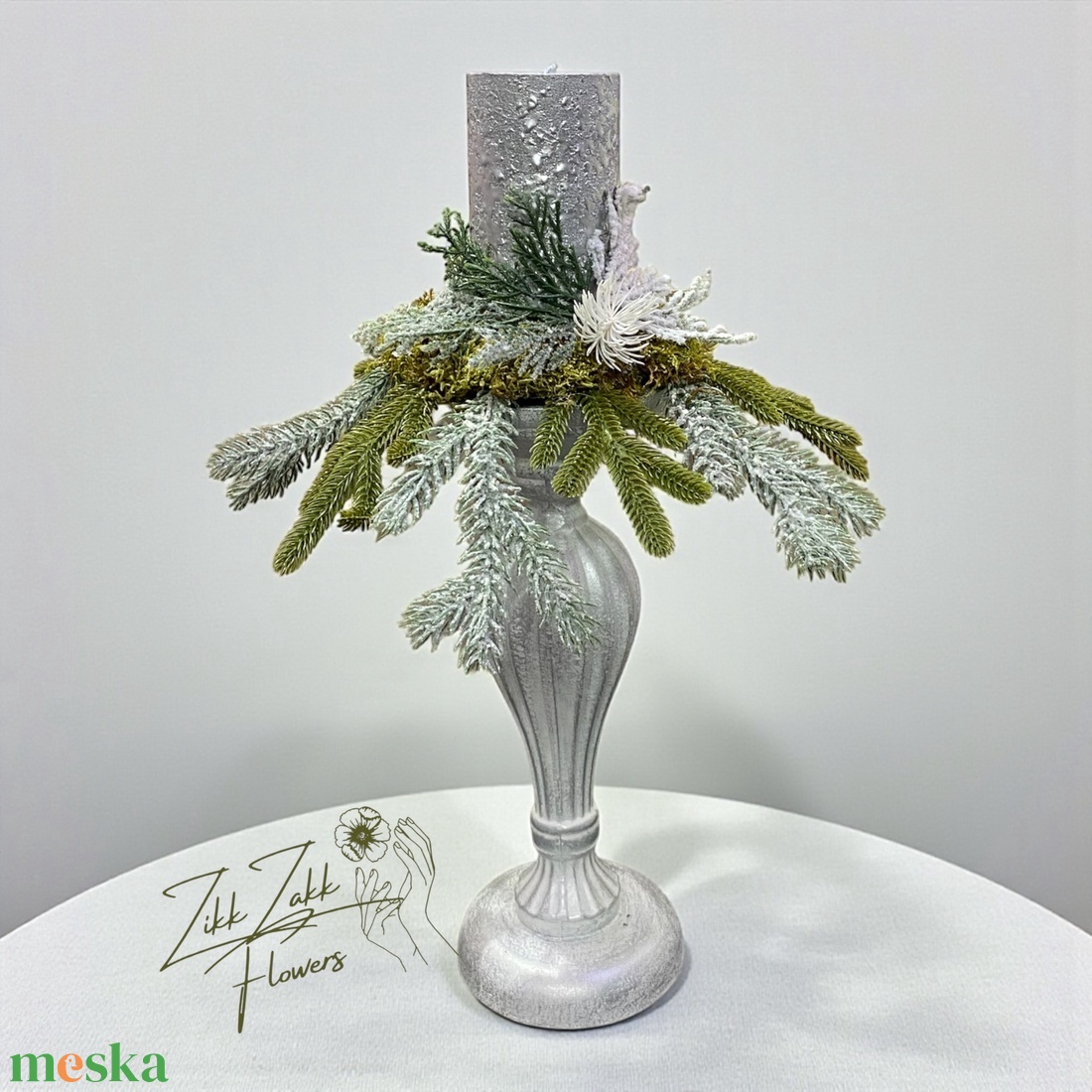 Ezüst talpas gyertyatartó kompozíció (magas) - karácsony - adventi díszek - adventi asztaldísz - Meska.hu