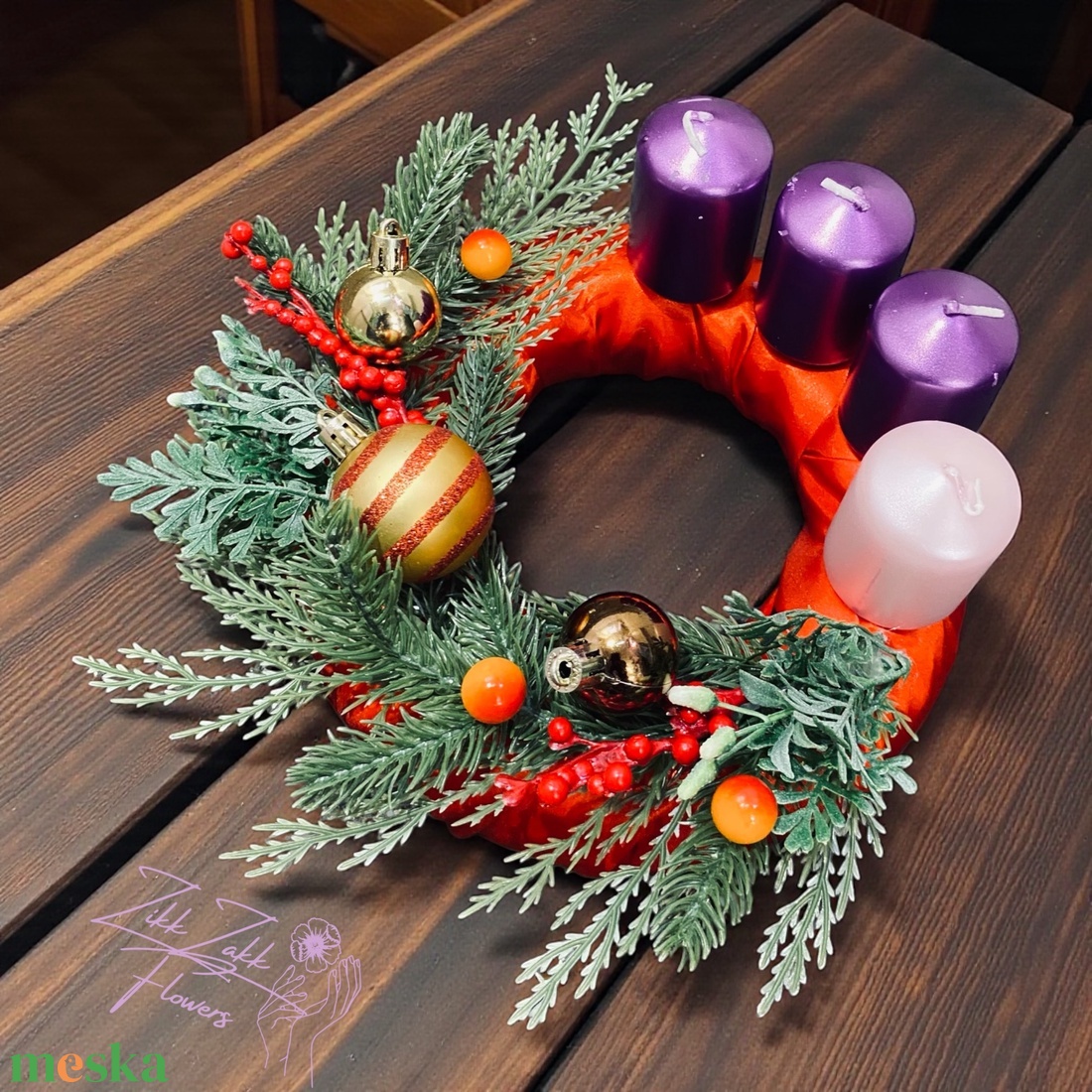 Piros-bordó adventi koszorú lila gyertyákkal - karácsony - adventi díszek - adventi koszorú - Meska.hu