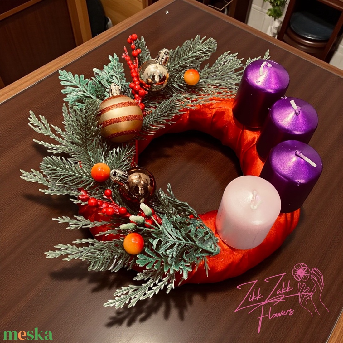 Piros-bordó adventi koszorú lila gyertyákkal - karácsony - adventi díszek - adventi koszorú - Meska.hu
