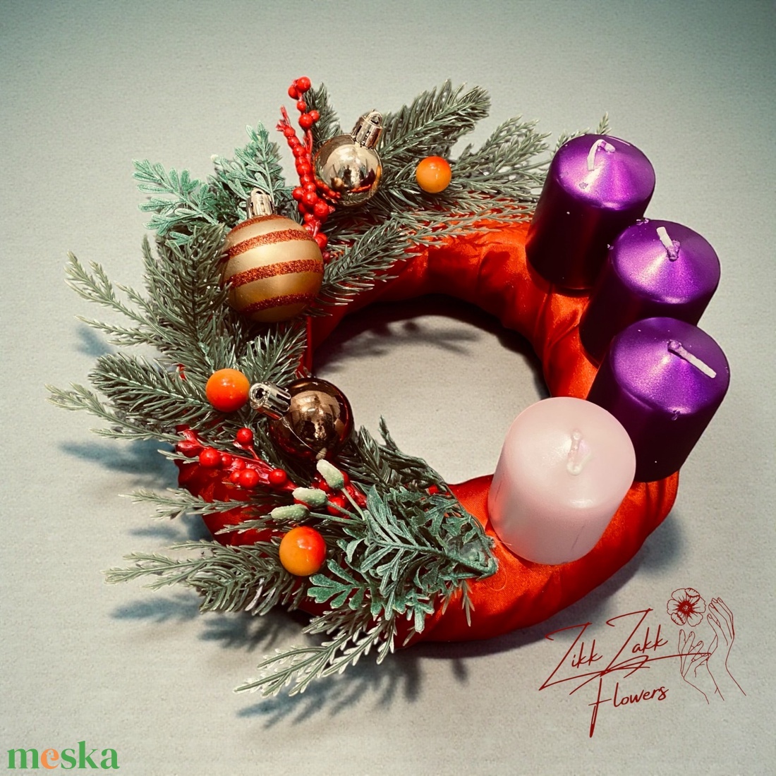 Piros-bordó adventi koszorú lila gyertyákkal - karácsony - adventi díszek - adventi koszorú - Meska.hu