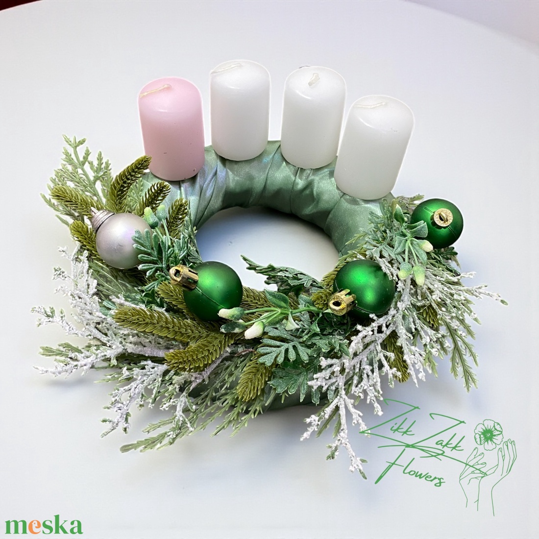 Zöld pasztell adventi koszorú pasztell gyertyákkal - karácsony - adventi díszek - adventi koszorú - Meska.hu