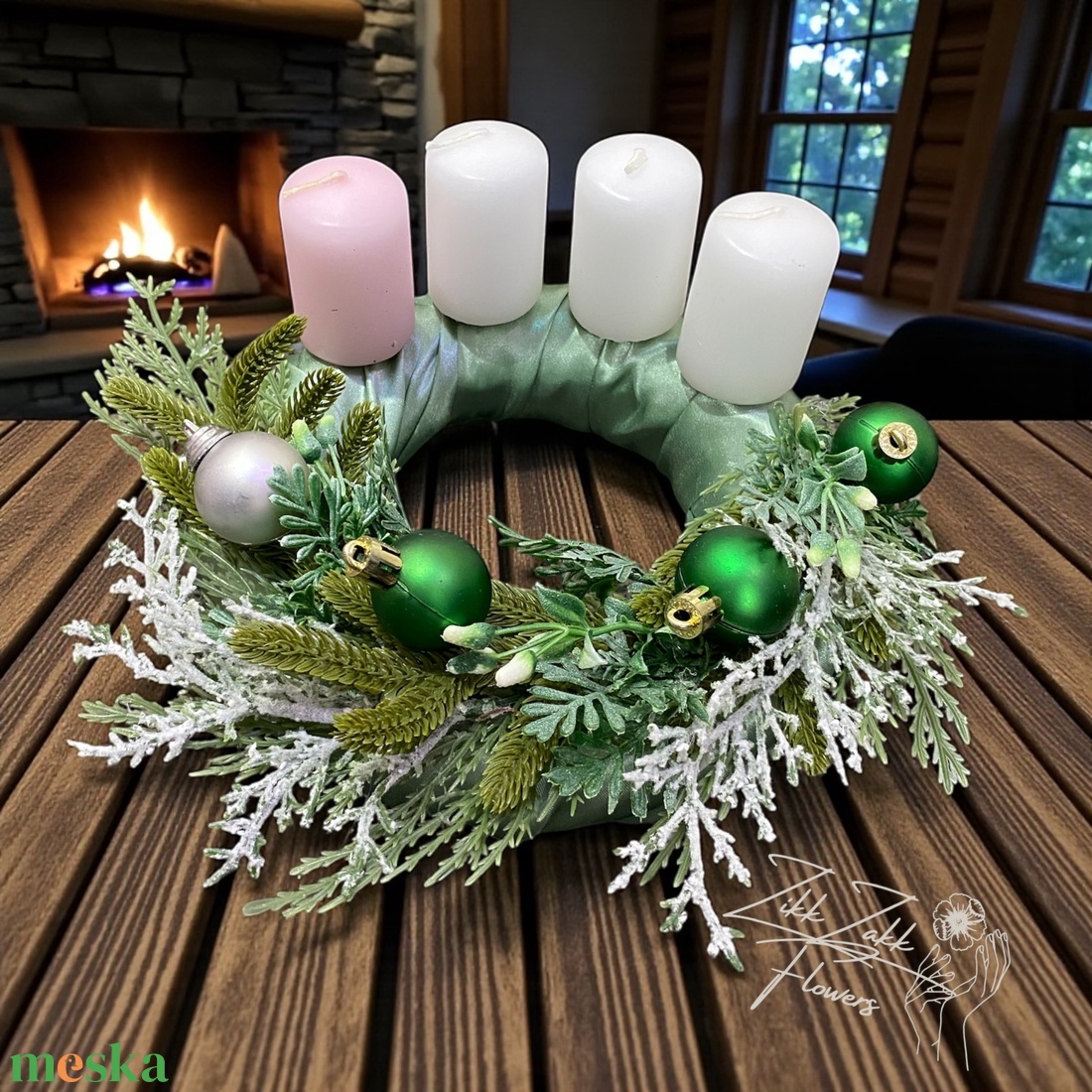 Zöld pasztell adventi koszorú pasztell gyertyákkal - karácsony - adventi díszek - adventi koszorú - Meska.hu