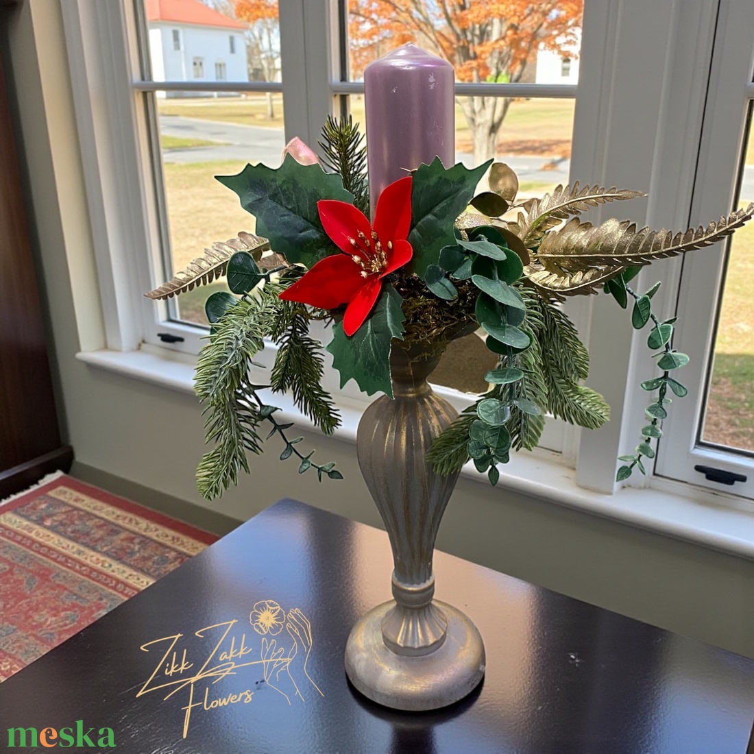 Piros virágos kandeláber asztaldísz gyertyával - karácsony - adventi díszek - adventi asztaldísz - Meska.hu
