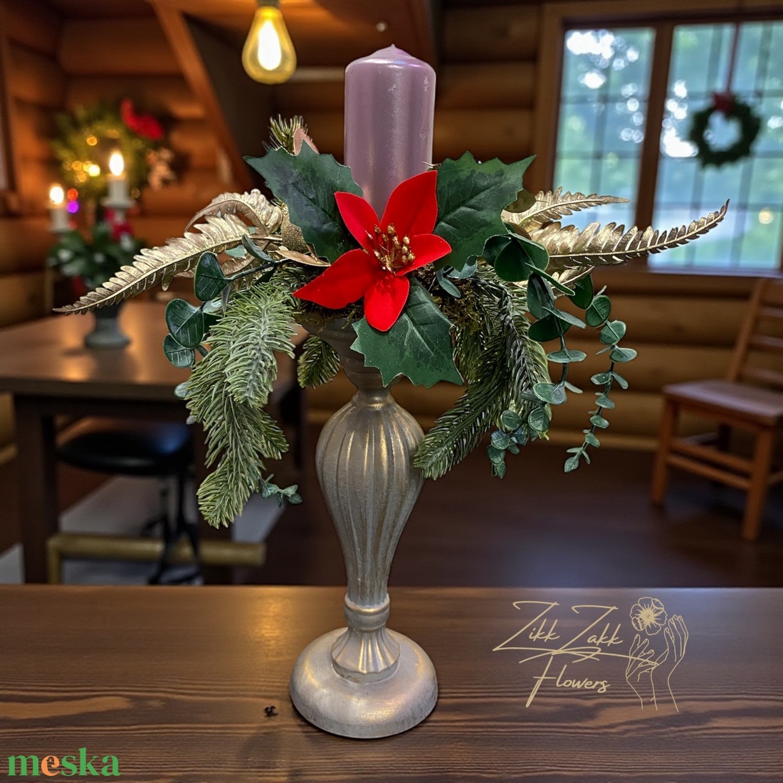 Piros virágos kandeláber asztaldísz gyertyával - karácsony - adventi díszek - adventi asztaldísz - Meska.hu