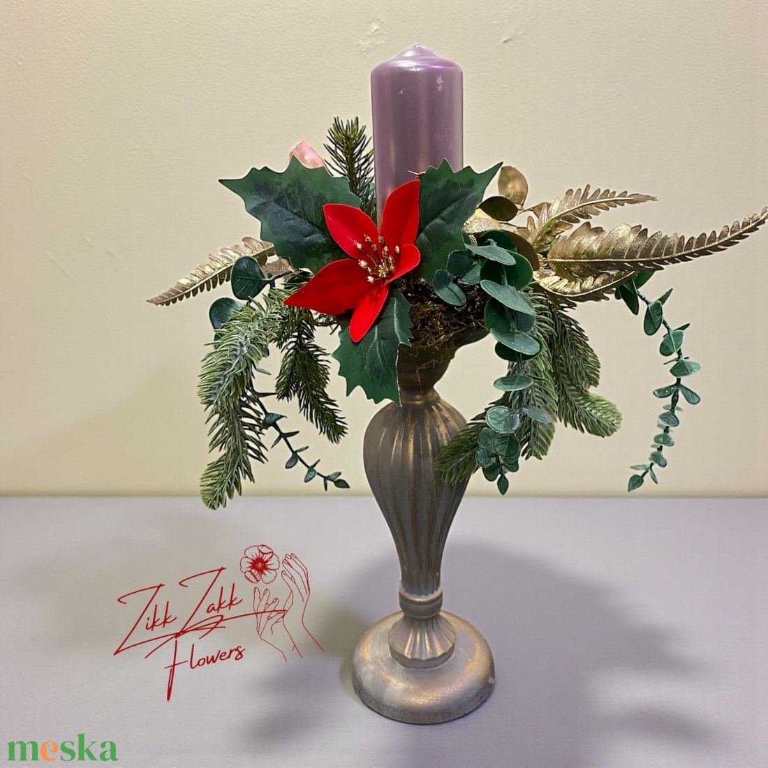 Piros virágos kandeláber asztaldísz gyertyával - karácsony - adventi díszek - adventi asztaldísz - Meska.hu