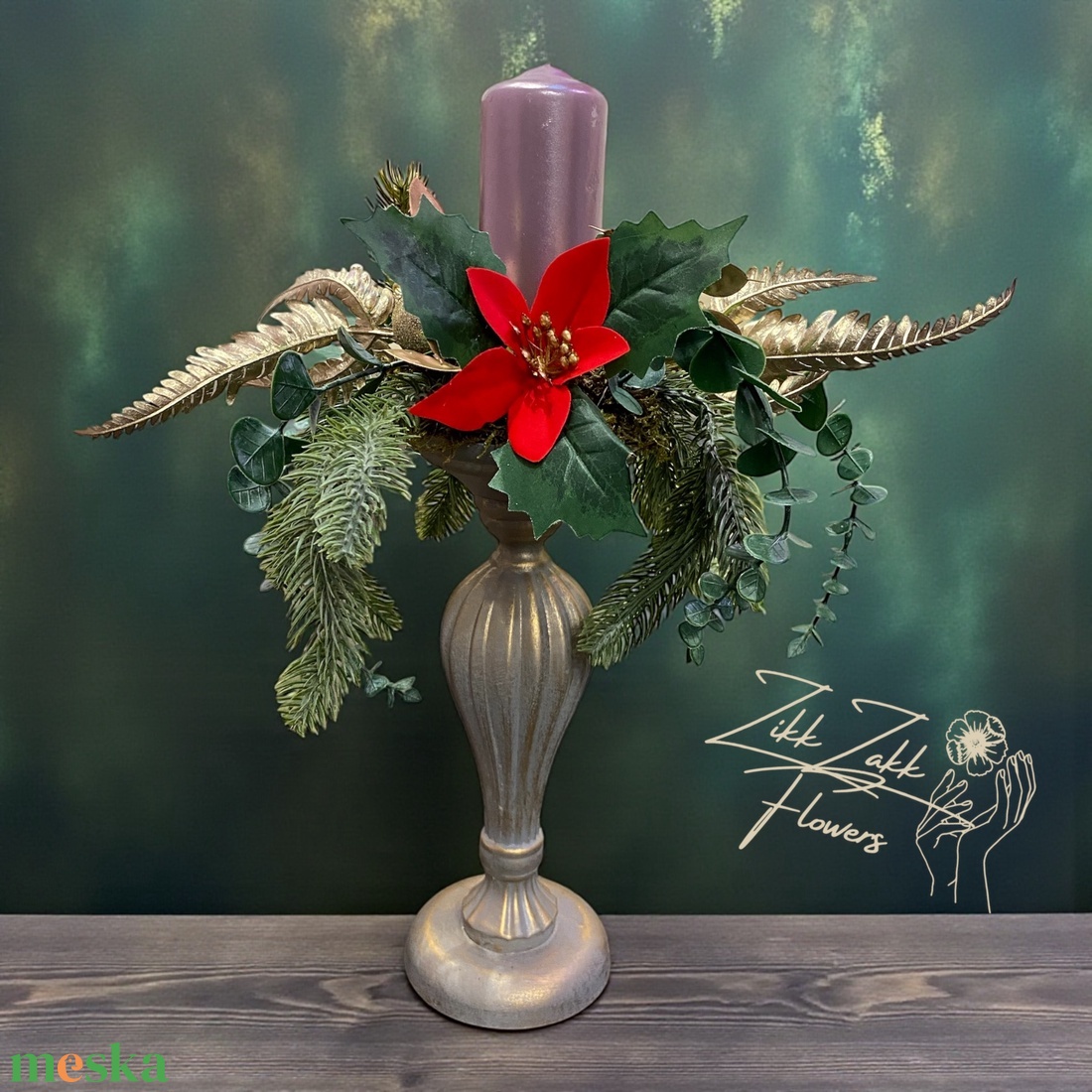 Piros virágos kandeláber asztaldísz gyertyával - karácsony - adventi díszek - adventi asztaldísz - Meska.hu