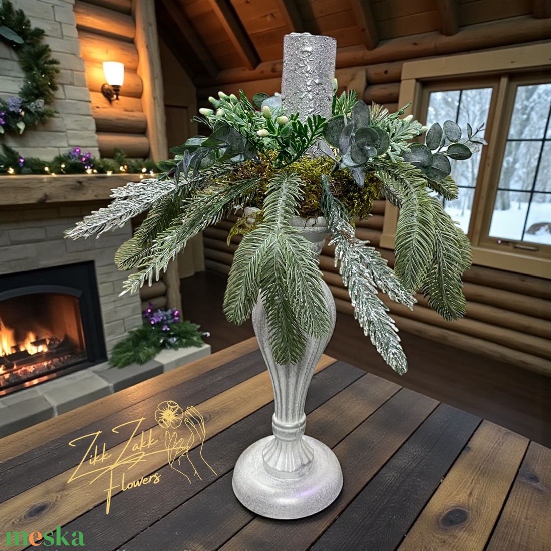 Ezüst gyertyatartós, eukaliptuszos asztaldísz - karácsony - adventi díszek - adventi asztaldísz - Meska.hu