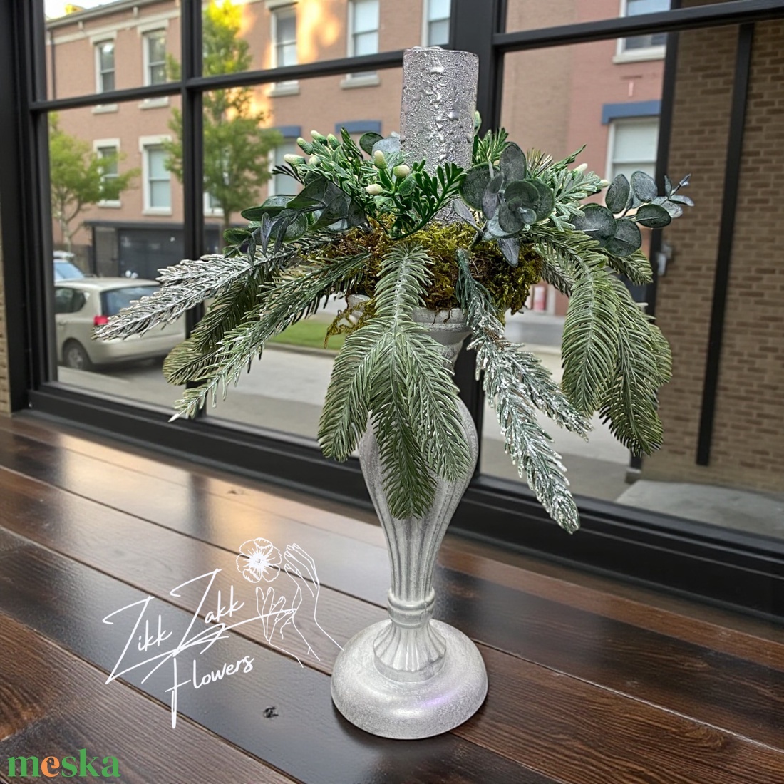 Ezüst gyertyatartós, eukaliptuszos asztaldísz - karácsony - adventi díszek - adventi asztaldísz - Meska.hu