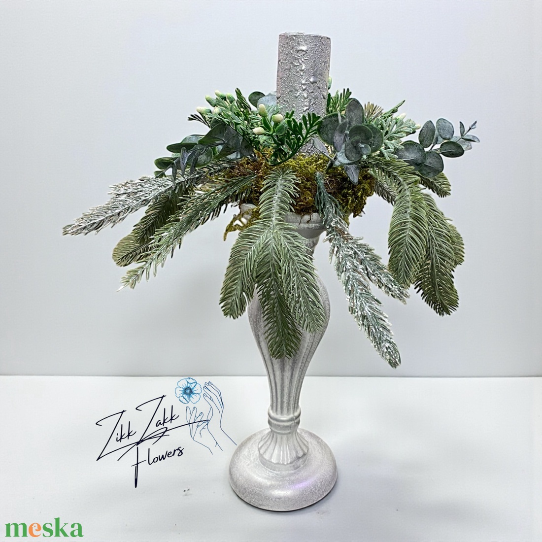 Ezüst gyertyatartós, eukaliptuszos asztaldísz - karácsony - adventi díszek - adventi asztaldísz - Meska.hu