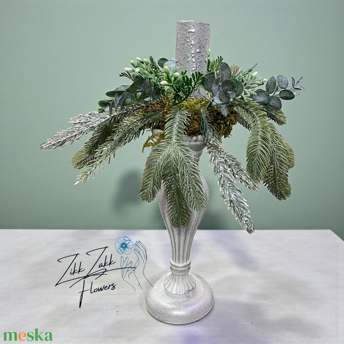 Ezüst gyertyatartós, eukaliptuszos asztaldísz - karácsony - adventi díszek - adventi asztaldísz - Meska.hu