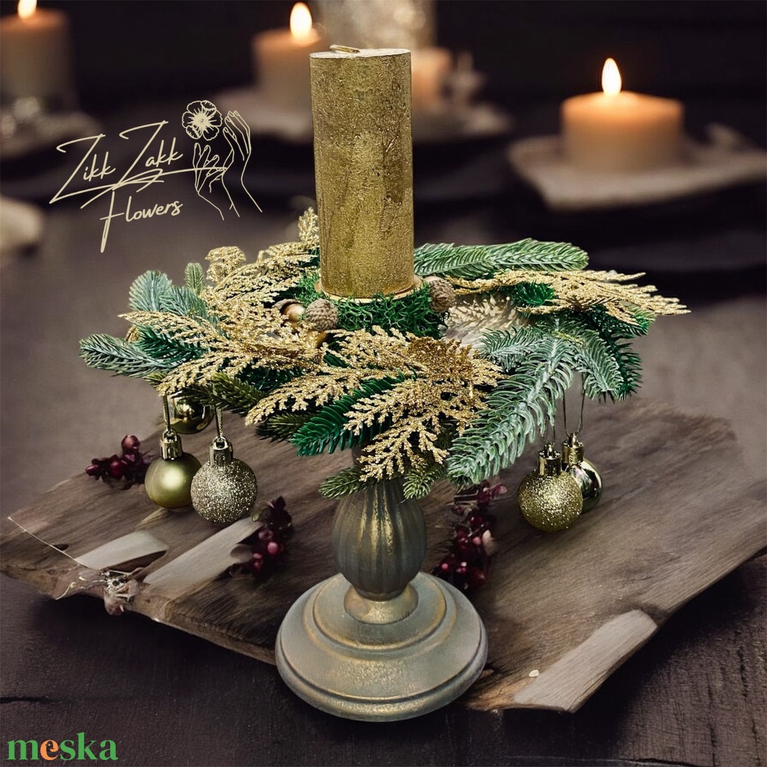Talpas adventi dekor � arany fenyőágas - karácsony - adventi díszek - adventi asztaldísz - Meska.hu