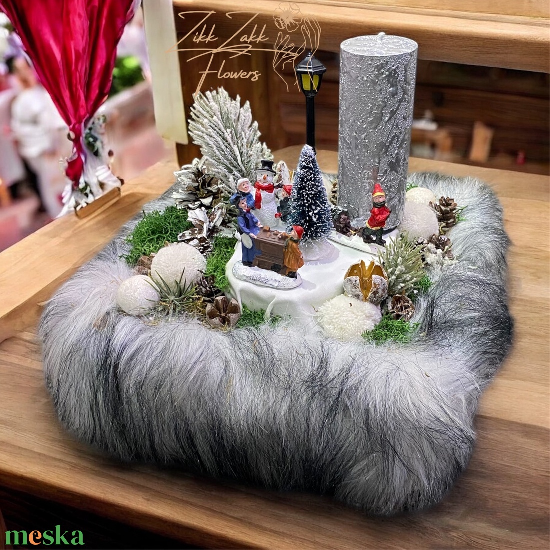 Téli falucskás adventi kompozíció prémperemmel - karácsony - adventi díszek - adventi asztaldísz - Meska.hu