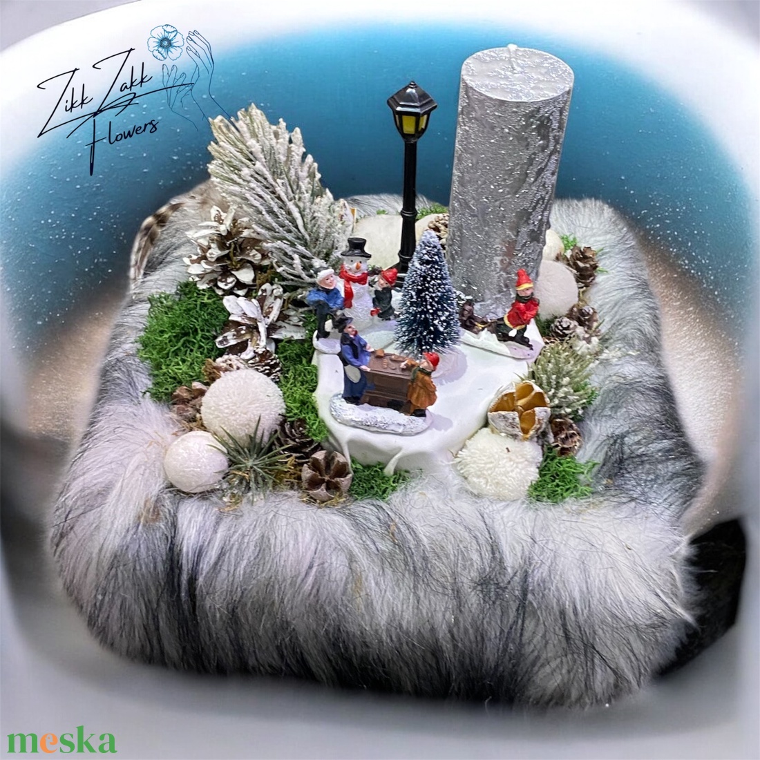 Téli falucskás adventi kompozíció prémperemmel - karácsony - adventi díszek - adventi asztaldísz - Meska.hu