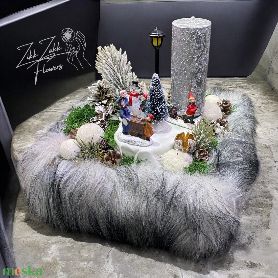 Téli falucskás adventi kompozíció prémperemmel - karácsony - adventi díszek - adventi asztaldísz - Meska.hu