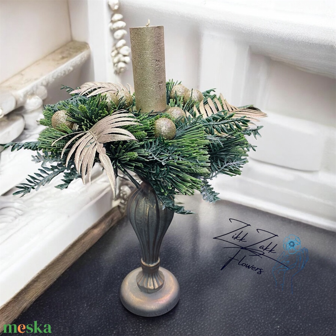 Zöldarany gyertyatartó - karácsony - adventi díszek - adventi asztaldísz - Meska.hu
