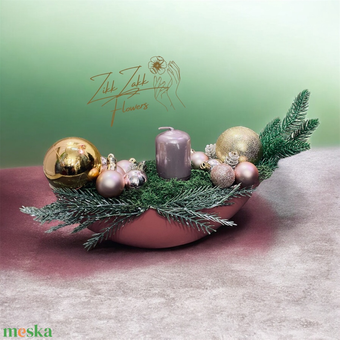 Rózsaszín  tálas gyertyakompozíció - karácsony - adventi díszek - adventi asztaldísz - Meska.hu