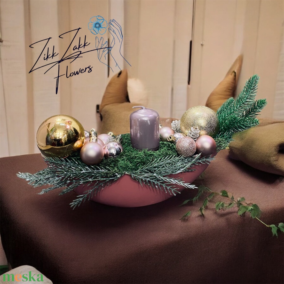 Rózsaszín  tálas gyertyakompozíció - karácsony - adventi díszek - adventi asztaldísz - Meska.hu