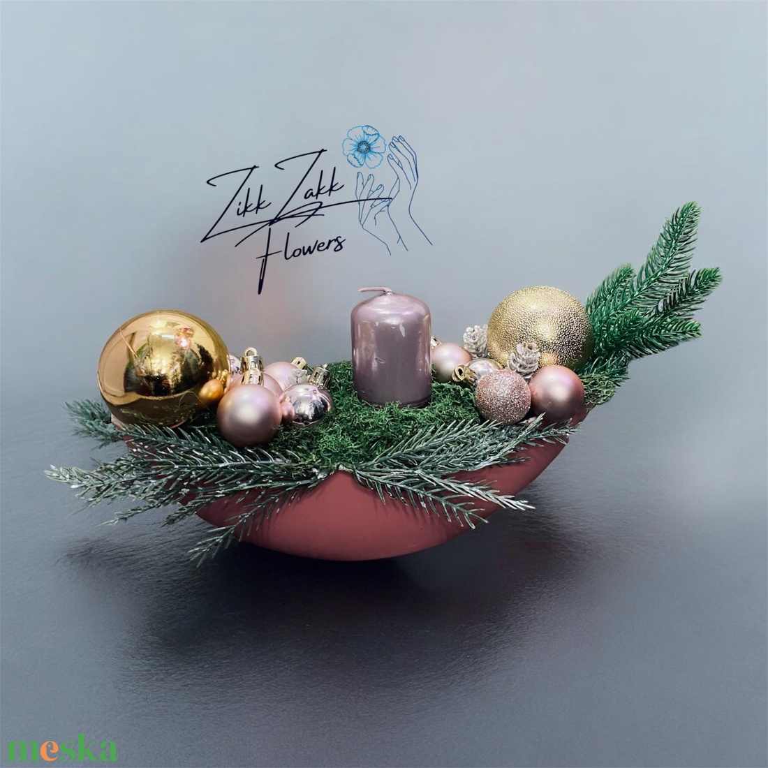 Rózsaszín  tálas gyertyakompozíció - karácsony - adventi díszek - adventi asztaldísz - Meska.hu