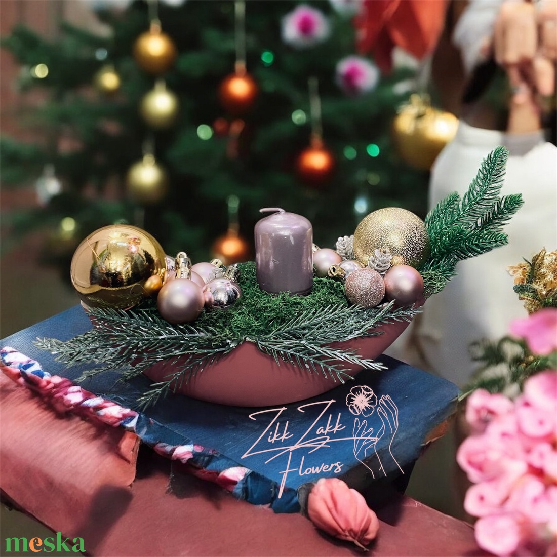Rózsaszín  tálas gyertyakompozíció - karácsony - adventi díszek - adventi asztaldísz - Meska.hu
