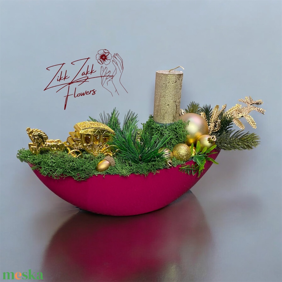 Bordó kaspós karácsonyi kompozíció arany figurával - karácsony - adventi díszek - adventi asztaldísz - Meska.hu