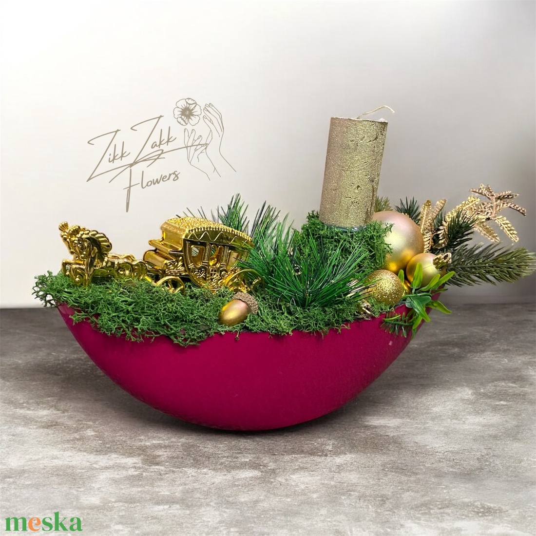 Bordó kaspós karácsonyi kompozíció arany figurával - karácsony - adventi díszek - adventi asztaldísz - Meska.hu