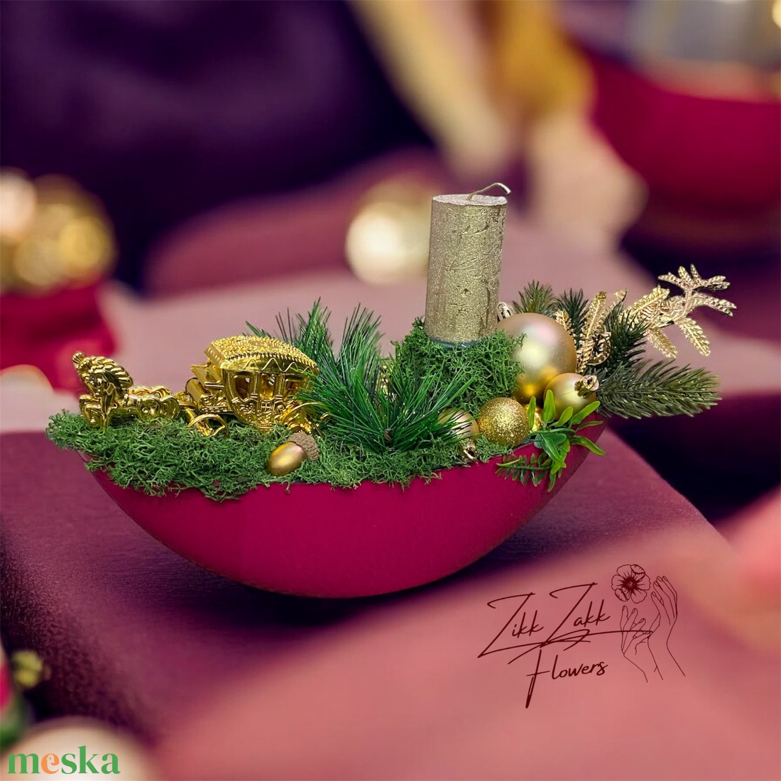 Bordó kaspós karácsonyi kompozíció arany figurával - karácsony - adventi díszek - adventi asztaldísz - Meska.hu