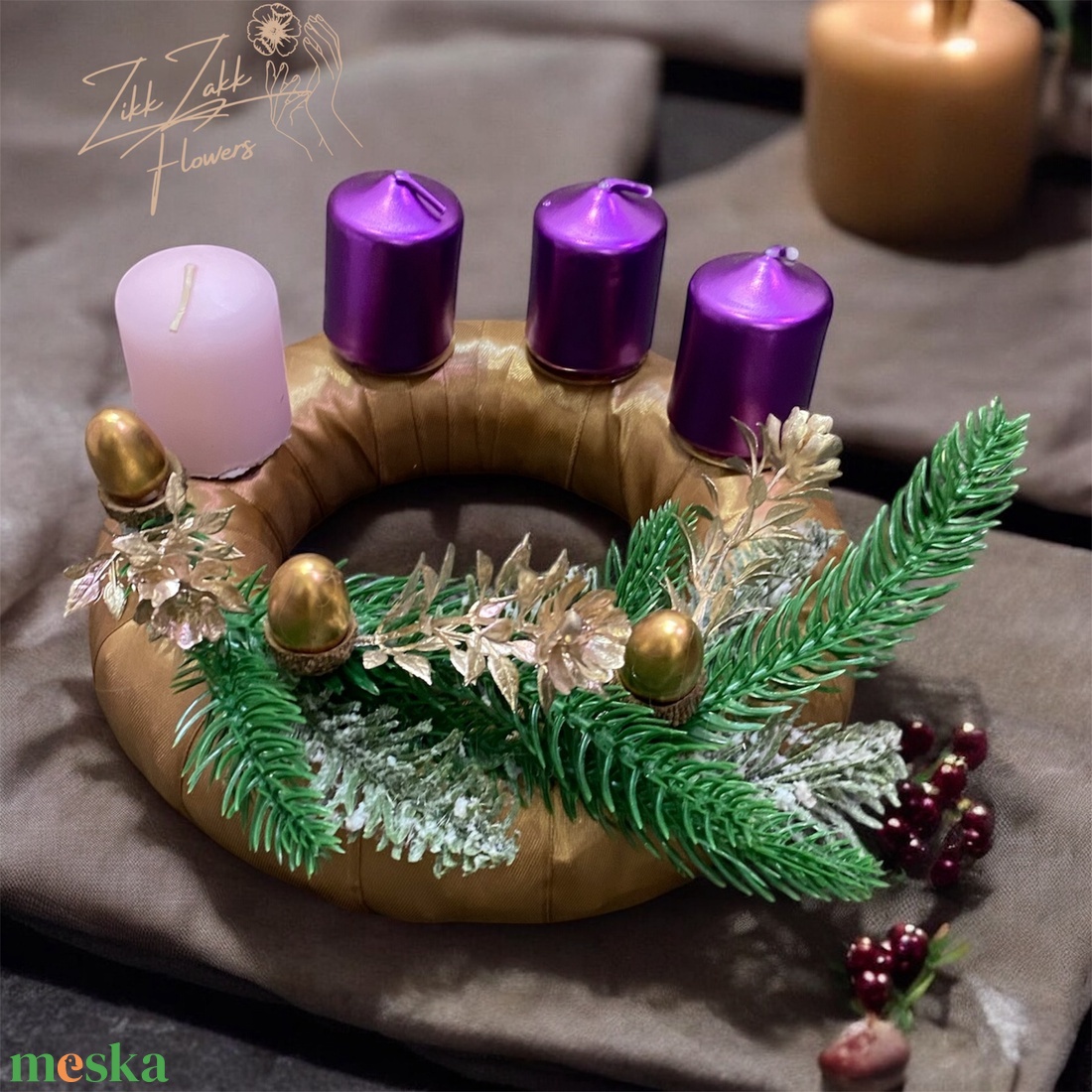 Adventi koszorú  Barna alapon lila és púder gyertyákkal - karácsony - adventi díszek - adventi koszorú - Meska.hu