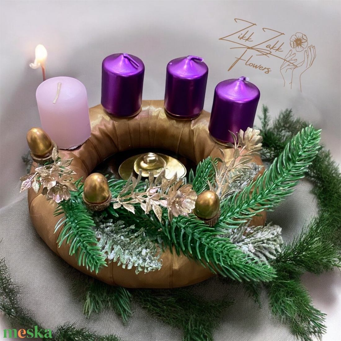 Adventi koszorú  Barna alapon lila és púder gyertyákkal - karácsony - adventi díszek - adventi koszorú - Meska.hu