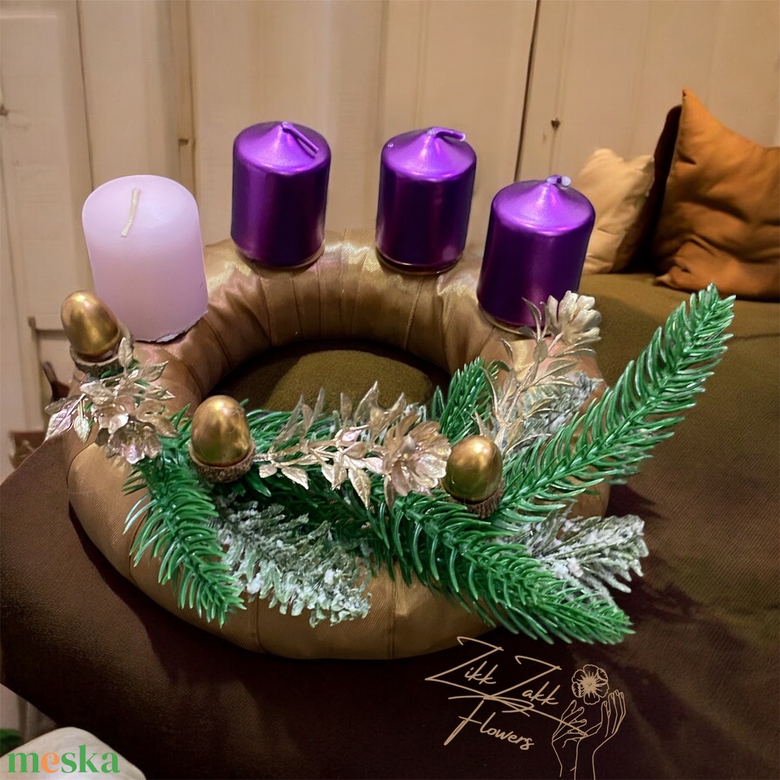Adventi koszorú  Barna alapon lila és púder gyertyákkal - karácsony - adventi díszek - adventi koszorú - Meska.hu