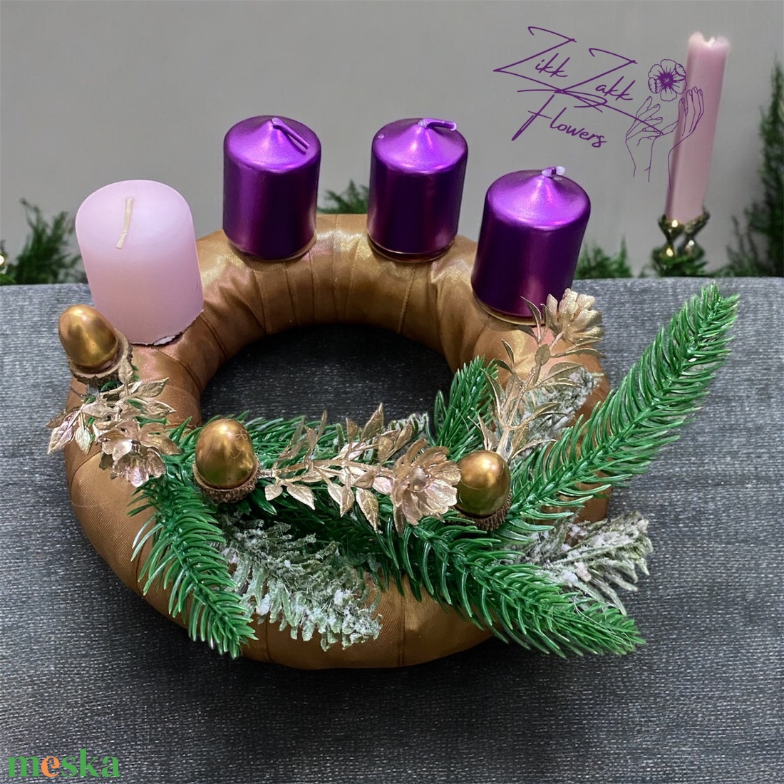 Adventi koszorú  Barna alapon lila és púder gyertyákkal - karácsony - adventi díszek - adventi koszorú - Meska.hu