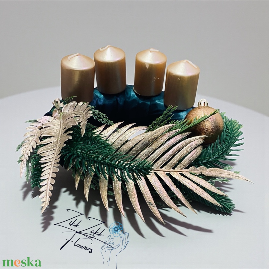 Arany leveles adventi koszorú � zöld alapon - karácsony - adventi díszek - adventi koszorú - Meska.hu