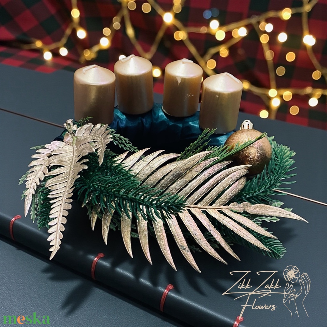 Arany leveles adventi koszorú � zöld alapon - karácsony - adventi díszek - adventi koszorú - Meska.hu