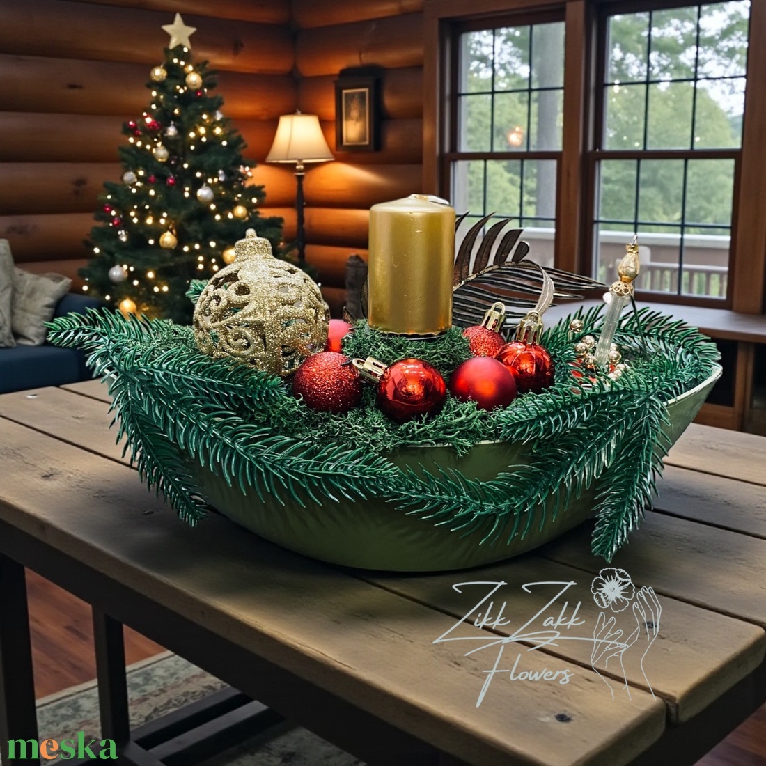 Zöldpiros tálas karácsonyi dísz - karácsony - adventi díszek - adventi asztaldísz - Meska.hu