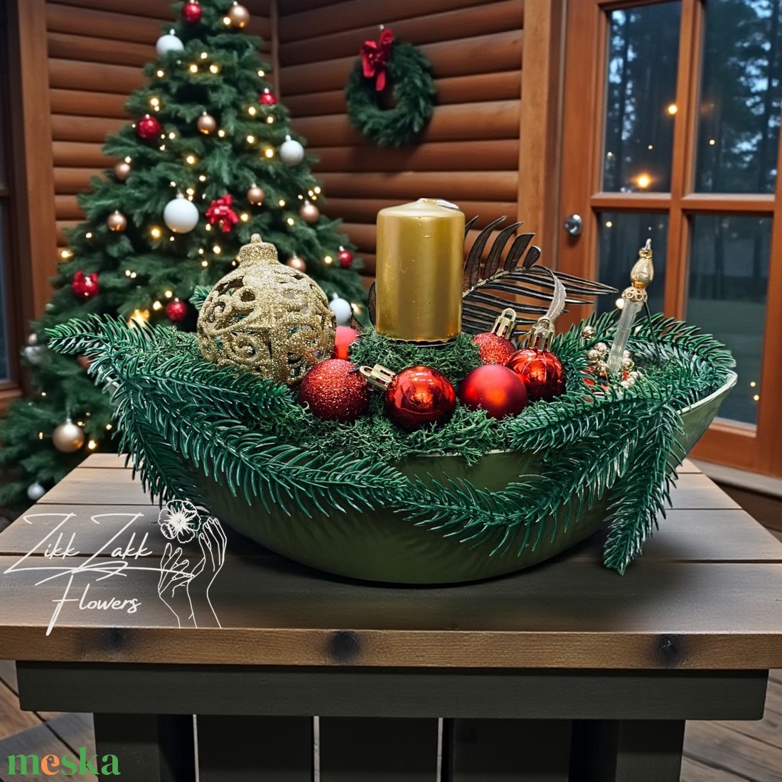 Zöldpiros tálas karácsonyi dísz - karácsony - adventi díszek - adventi asztaldísz - Meska.hu
