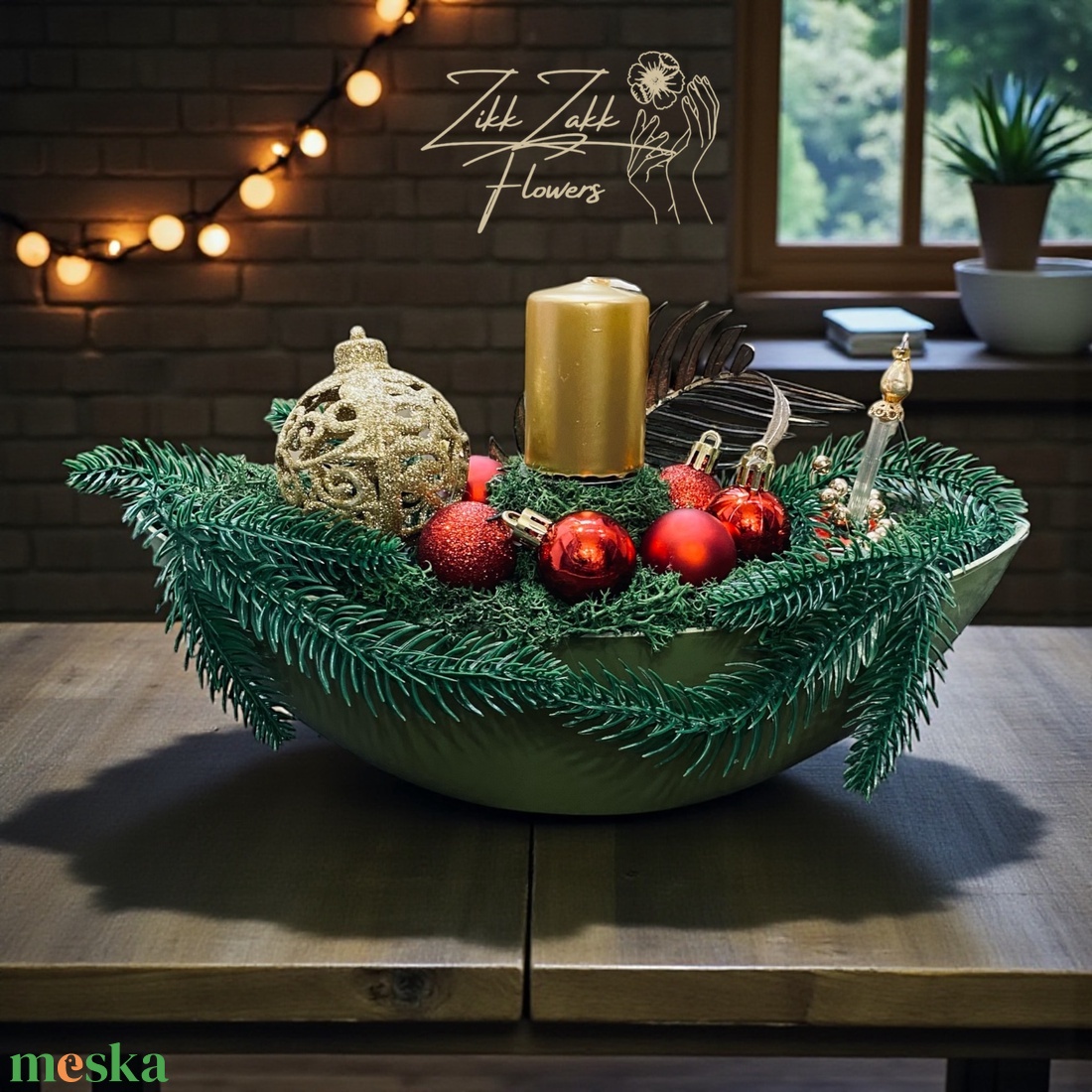 Zöldpiros tálas karácsonyi dísz - karácsony - adventi díszek - adventi asztaldísz - Meska.hu
