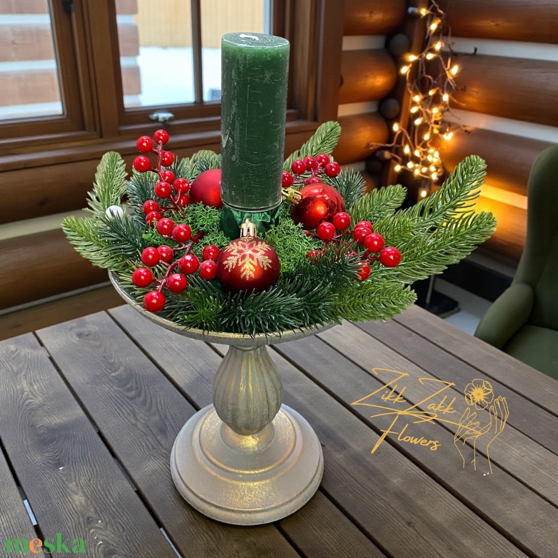 Talpas ezüstzöld gyertyadísz piros bogyókkal - karácsony - adventi díszek - adventi gyertyadíszek és koszorúdíszek - Meska.hu