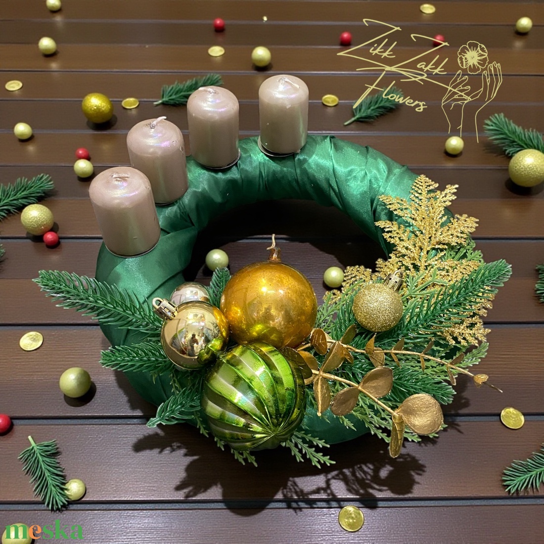 Zöldarany adventi koszorú - karácsony - adventi díszek - adventi koszorú - Meska.hu