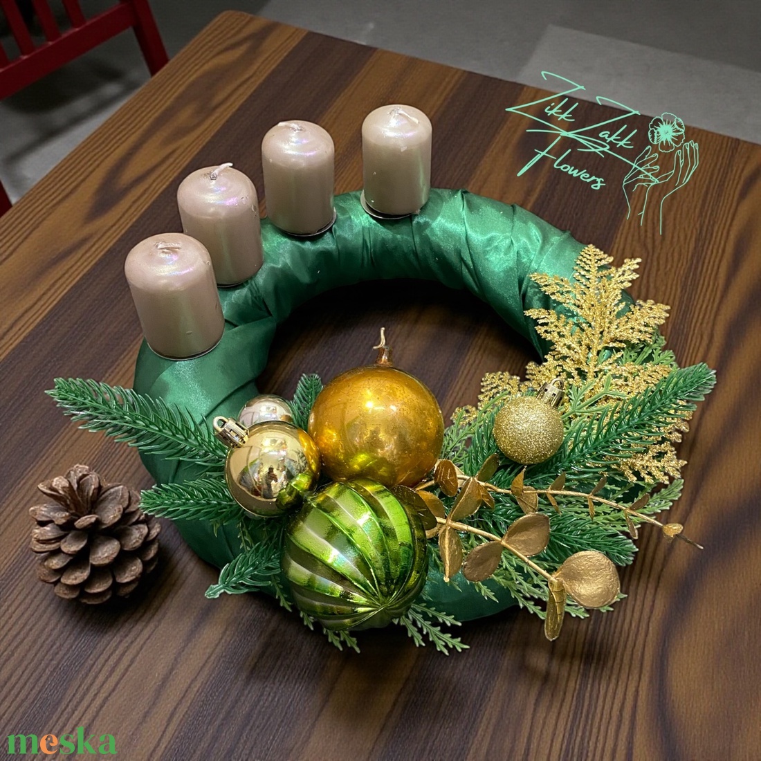 Zöldarany adventi koszorú - karácsony - adventi díszek - adventi koszorú - Meska.hu