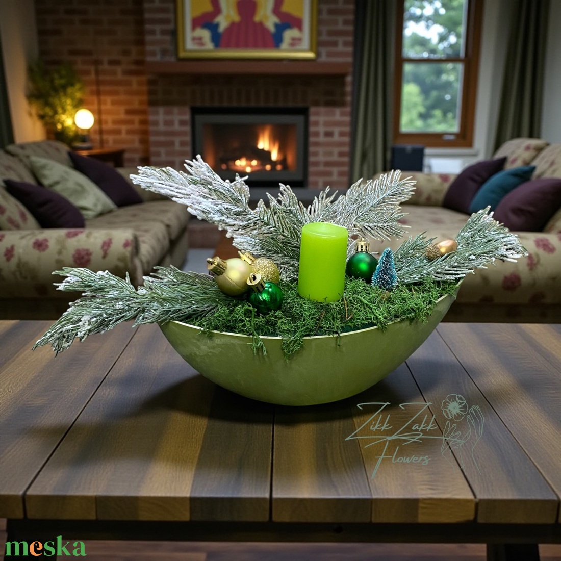 Zöld Hosszúkás Adventi Tál � Lime Gyertyával és Arany Díszekkel - karácsony - adventi díszek - adventi asztaldísz - Meska.hu