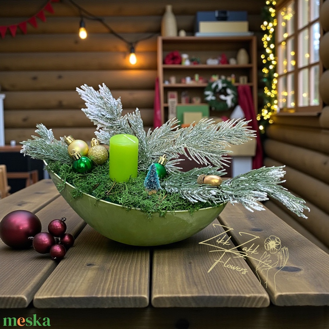 Zöld Hosszúkás Adventi Tál � Lime Gyertyával és Arany Díszekkel - karácsony - adventi díszek - adventi asztaldísz - Meska.hu