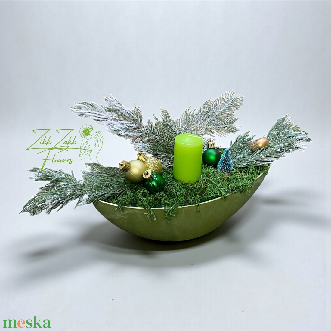 Zöld Hosszúkás Adventi Tál � Lime Gyertyával és Arany Díszekkel - karácsony - adventi díszek - adventi asztaldísz - Meska.hu