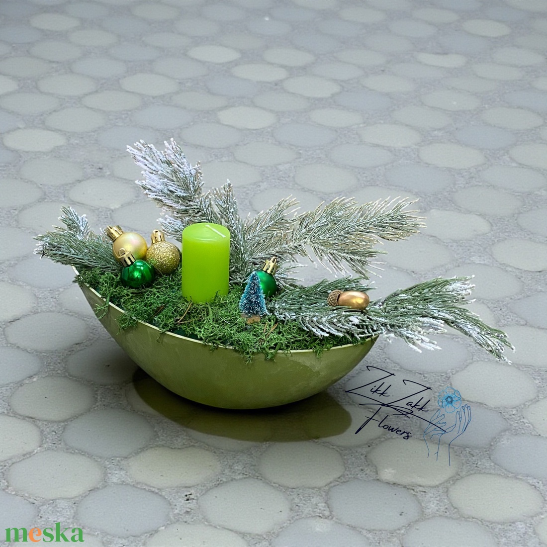 Zöld Hosszúkás Adventi Tál � Lime Gyertyával és Arany Díszekkel - karácsony - adventi díszek - adventi asztaldísz - Meska.hu