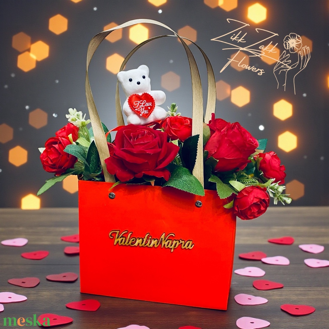 Valentin-napi rózsakompozíció dísztáskában macival - otthon & életmód - virágdekoráció - virágok - virágbox - Meska.hu