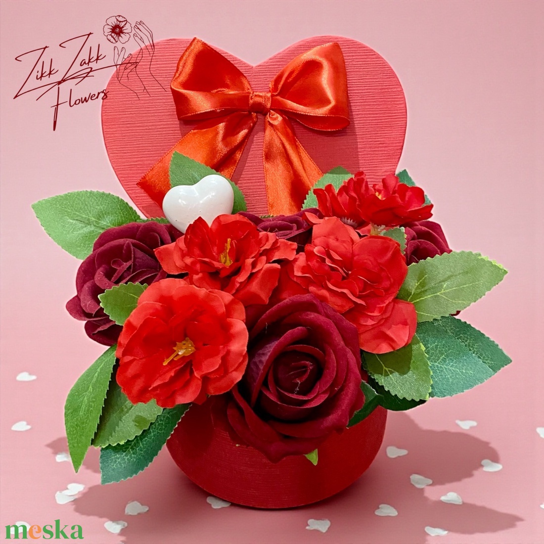 Piros szív dobozos rózsakompozíció masnival - otthon & életmód - virágdekoráció - virágok - virágbox - Meska.hu