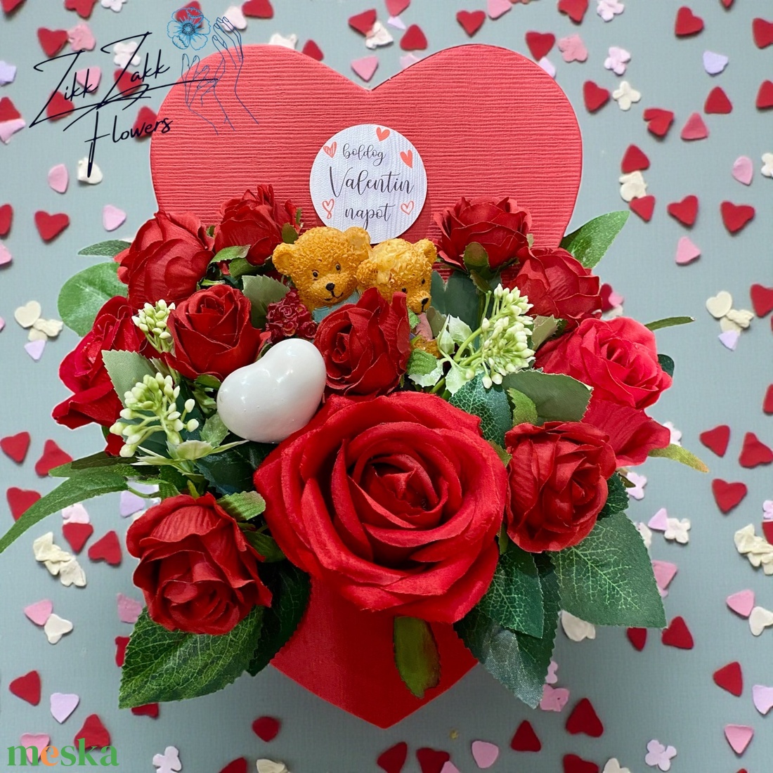 Nagy szív dobozos rózsakompozíció macipárral - otthon & életmód - virágdekoráció - virágok - virágbox - Meska.hu