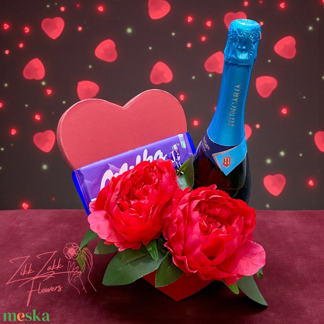Szív box pezsgővel és csokoládéval - otthon & életmód - virágdekoráció - virágok - virágbox - Meska.hu