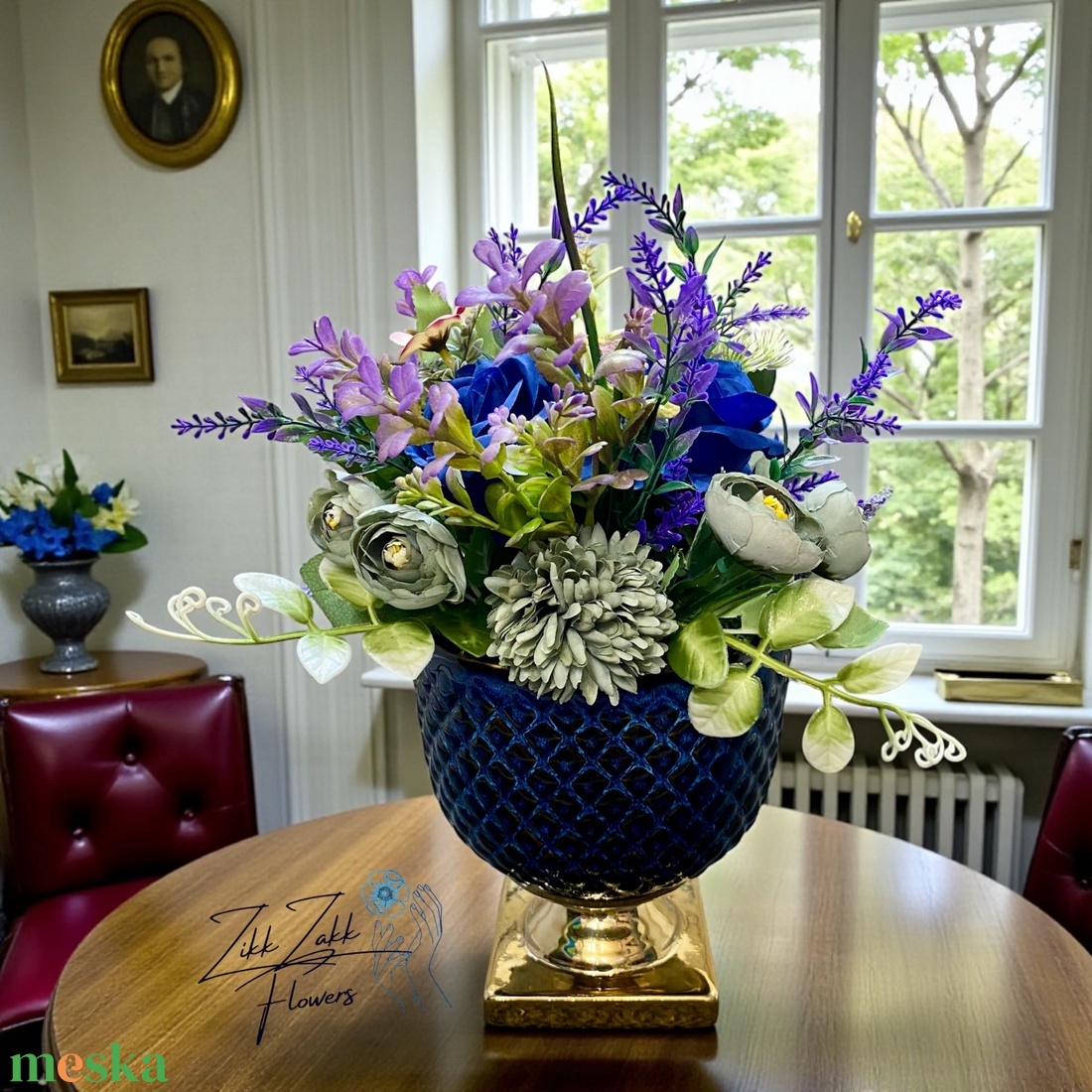 Elegáns kék kaspós örök virág kompozíció - otthon & életmód - virágdekoráció - virágdíszek - asztali virágdísz - Meska.hu