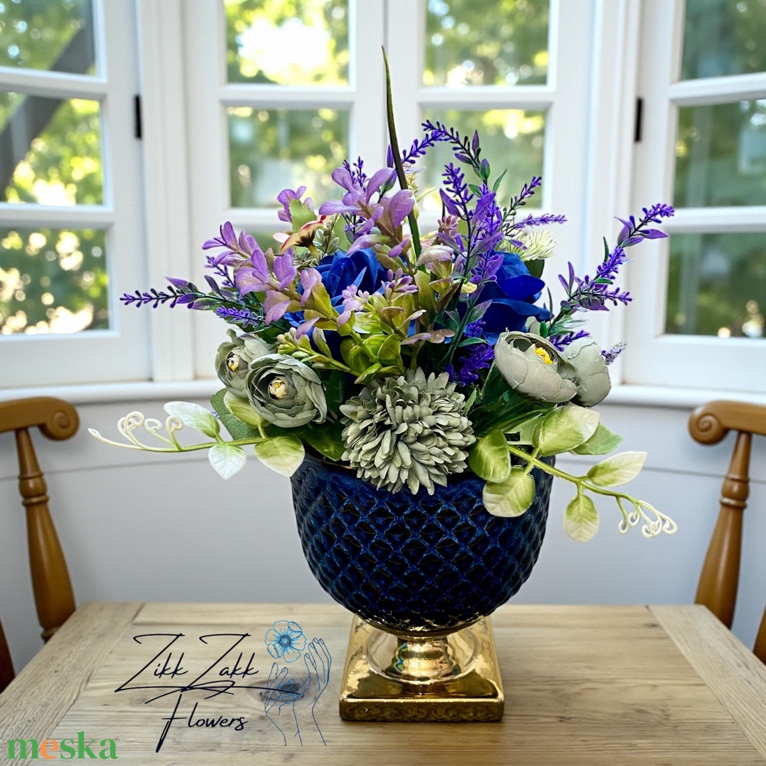 Elegáns kék kaspós örök virág kompozíció - otthon & életmód - virágdekoráció - virágdíszek - asztali virágdísz - Meska.hu