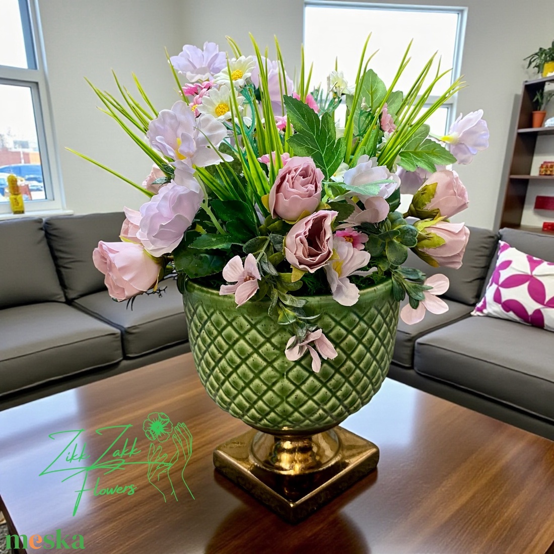 Zöld kaspós tavaszi kompozíció - otthon & életmód - virágdekoráció - virágdíszek - asztali virágdísz - Meska.hu